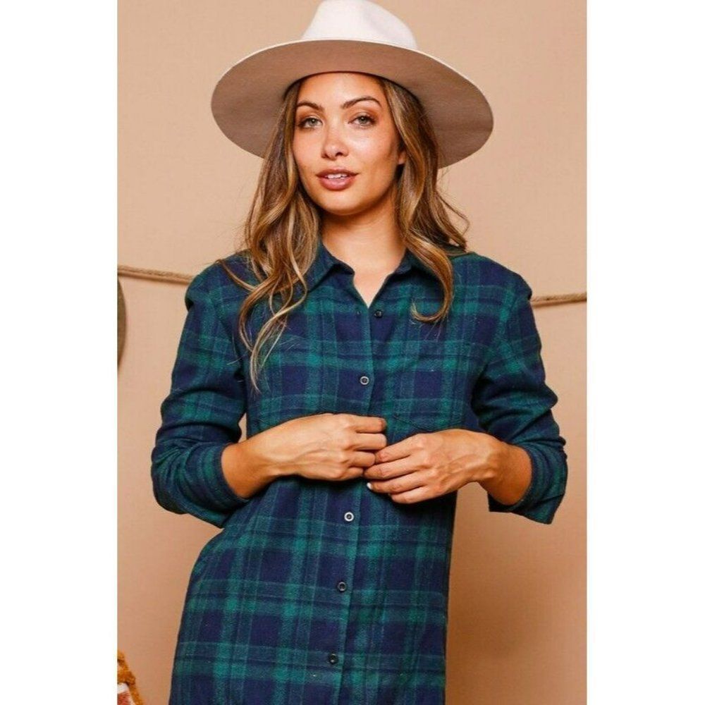 Fantastic Fawn Plaid Green and Black Check Button Up Dress S-L IFD22498-01 - Picture 5 of 5